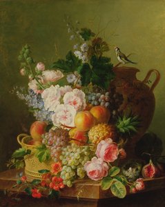 Still Life of Fruits and Flowers in a Wicker Basket on a Ledge